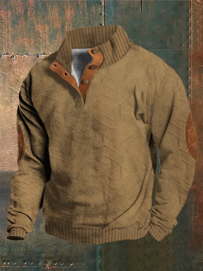 Men's Western Vintage Knitted Jacquard Print Stand Collar Button Sweatshirt