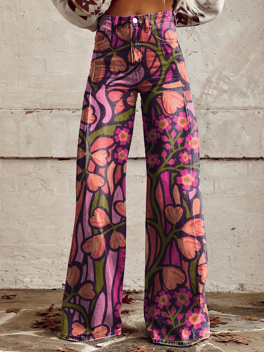 Women's Vintage Floral Print Casual Wide Leg Pants