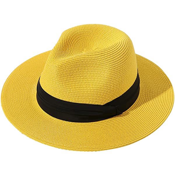 Wide Brim Straw Panama Roll up Hat Belt Buckle Fedora Beach Sun Hat