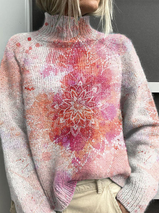 Vintage Floral Art Print Knit Turtleneck Pullover Sweater