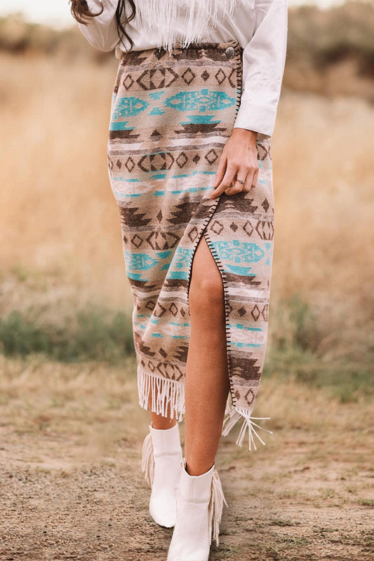 Beautiful Turquoise Aztec Patterned Fringed Skirt