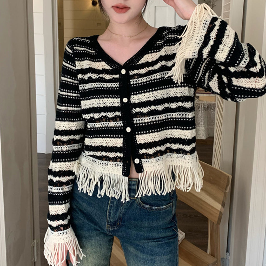 Spliced tassel Knitted Cardigan For Women, Autumn Contrast Stripes, Slimming, Hollow Short Long Sleeve Tops