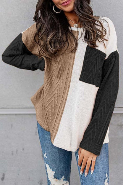 Cable knit color block round neck lightweight top