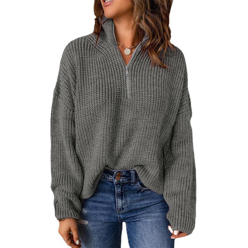 Half Open Collar Long Sleeve Tops Women Autumn And Winter Solid Color Loose High Collar Pullover Sweater