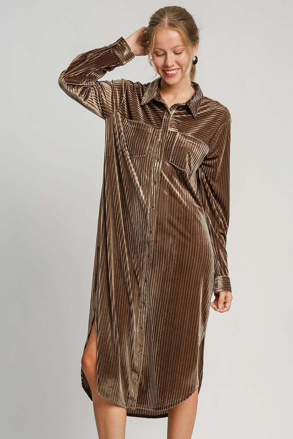 Umgee Texture Curved Hem Button Down Shirt Dress Duster