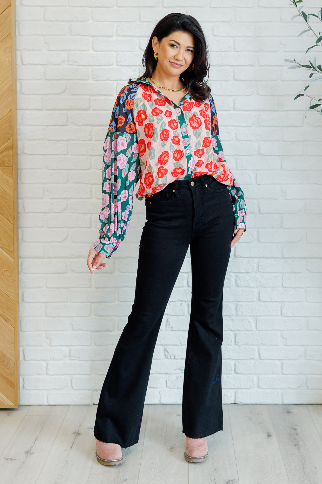 Floral Mixed Print Button Up Blouse