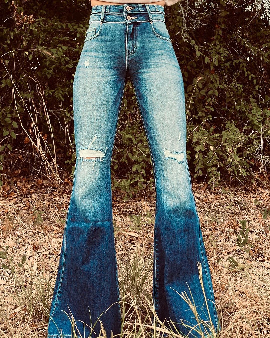 Vintage Washed Ripped Flared Jeans