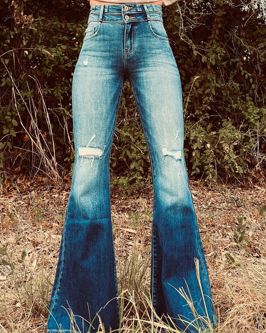 Vintage Washed Ripped Flared Jeans