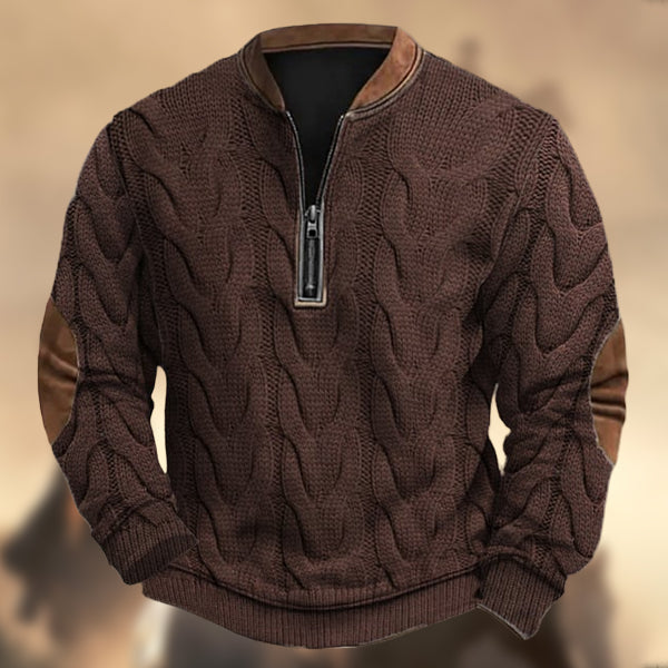 Men's Vintage Western Knit Print Zipper Stand Collar Casual Sweatshirt