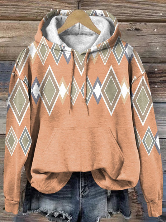 Vintage Khaki Diamond Art Print Casual Hoodie Sweatshirt