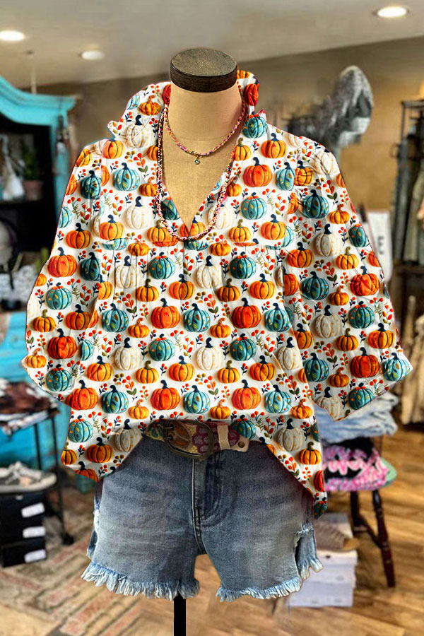 Halloween Floral Pumpkins Print Puff Sleeve Top