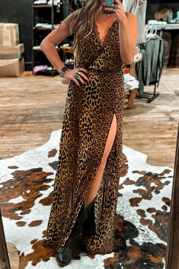 Vintage Leopard Print V-Neck Slit Dress