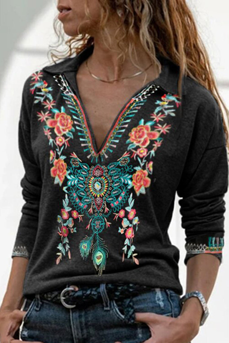 V Neck Tribal Printed Long Sleeve Casual T-Shirt