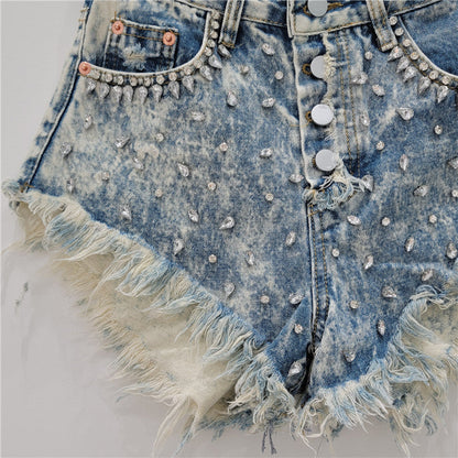 Rhinestone Beaded Fringed 3-Quarter Denim Shorts