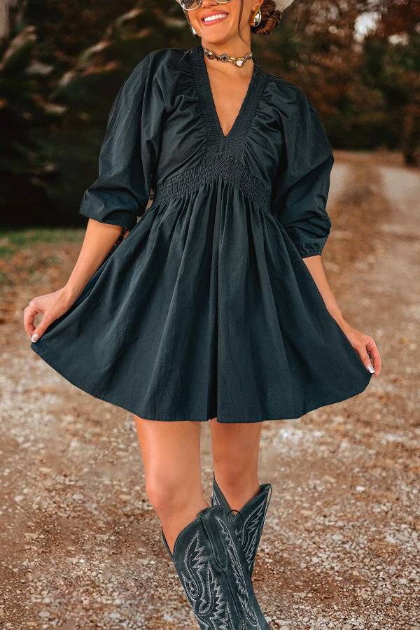 Ladies V-neck Long-sleeved Pleated Dress