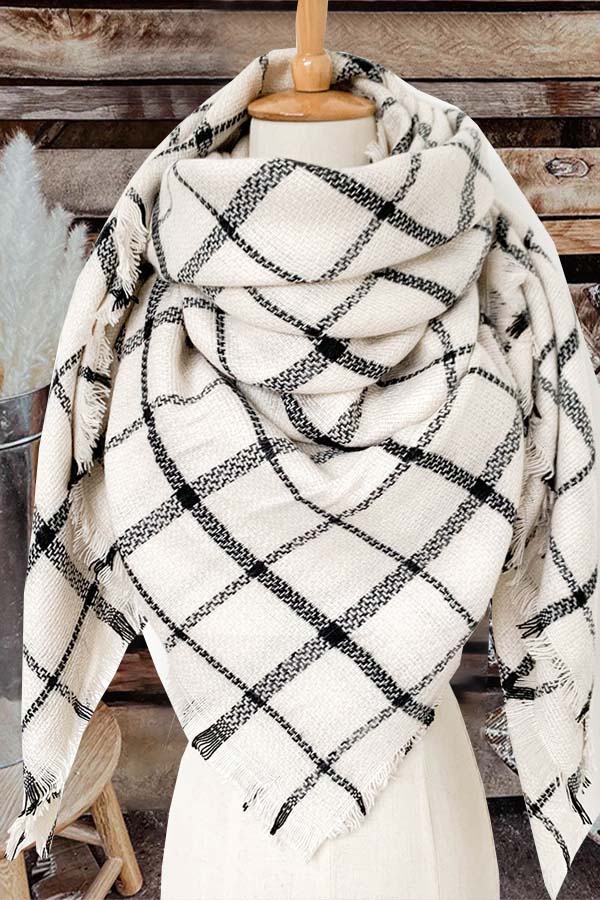 Cashmere Oversized Double-Sided White Plaid Square Scarf