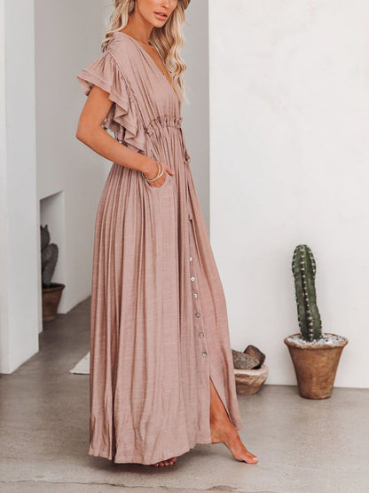 Button Cotton Linen Perfect Beach Boho Maxi Dress