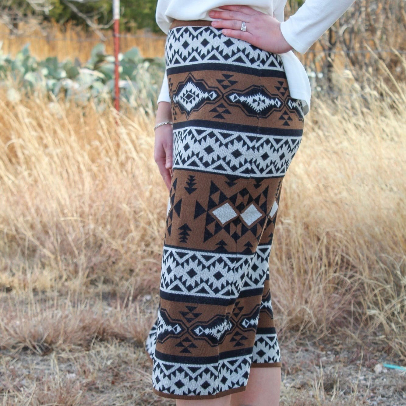 Black Aztec Print Fitted Skirt