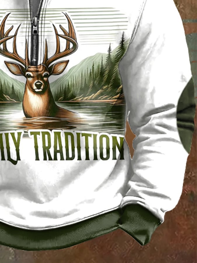 Men's Vintage Outdoor Deer Hunting Print Zip-Neck Sweatshirt