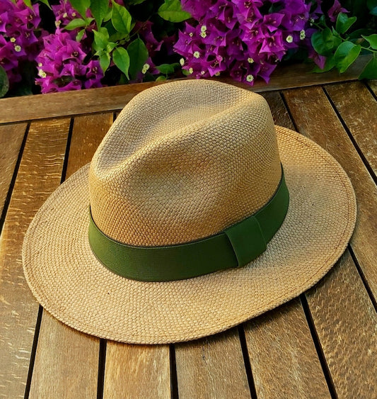 Genuine Ecuadorian Brown Panama Hat with Handmade Removable ~ Olive Green ~ Elastic Band , Handwoven From Toquilla Palm