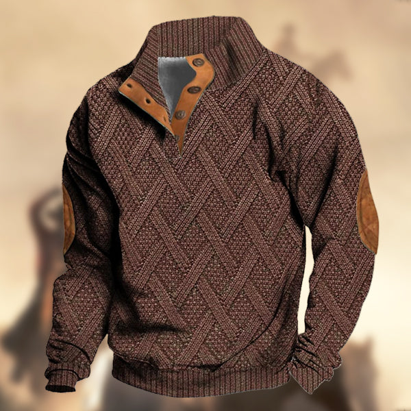 Men's Casual Retro Western Knitt Prints Stand Collar Button Sweatshirt