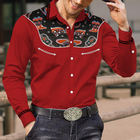 Men's Vintage Ethnic Country Western Guitar Cowboy Boots Pattern Print Long Sleeve Shirt