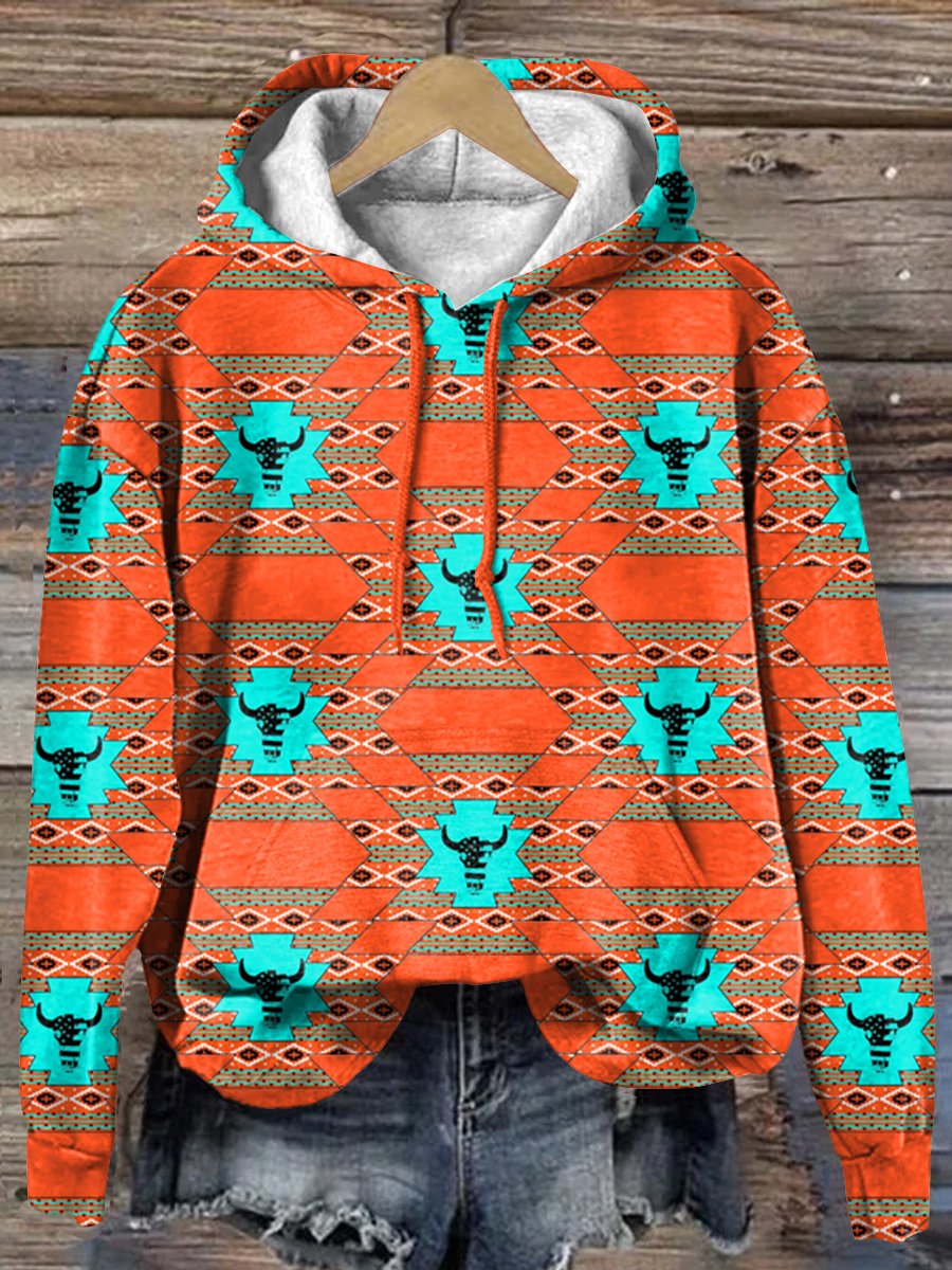 Vintage Orange Aztec Bull Head Art Print Casual Hoodie Sweatshirt