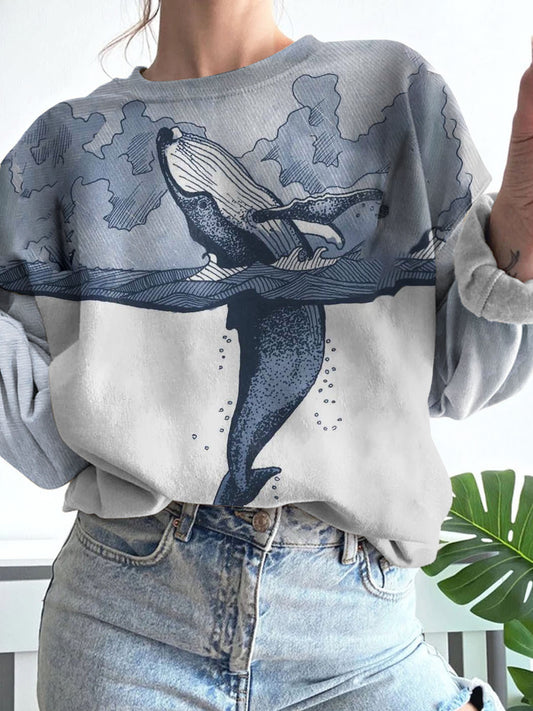 Whale Art Contrast Color Cozy Washed Sweatshirt