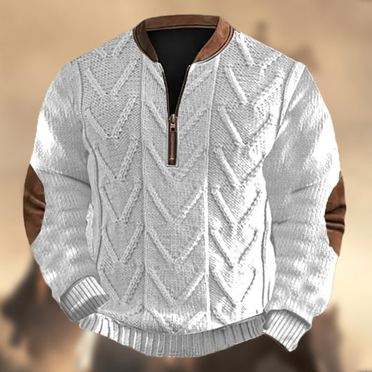 Men's Vintage Western Knit Print Zipper Stand Collar Casual Sweatshirt