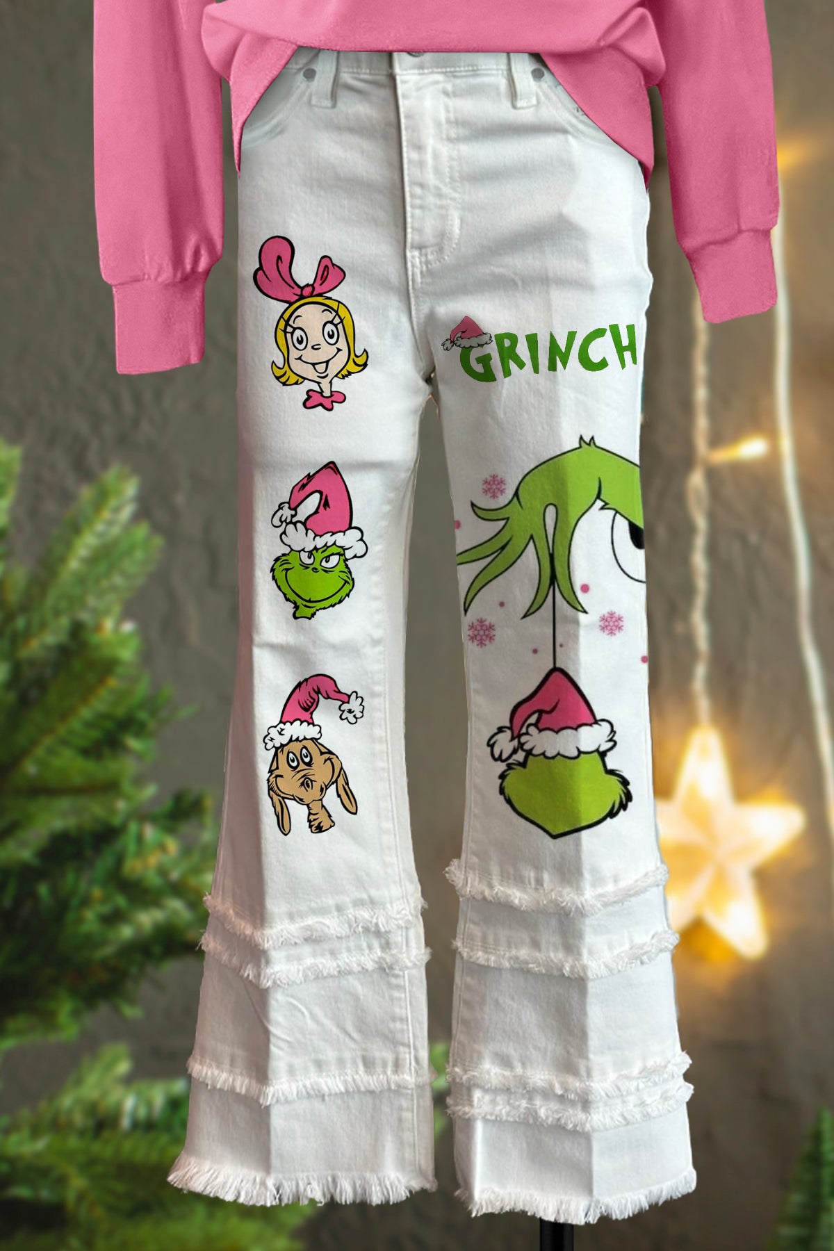 Classic Christmas Grinch Print Raw Hem Pants