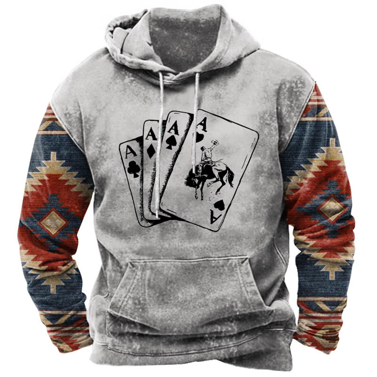 Men's Vintage Ethnic Cowboy Playing Cards Western Print Hoodie