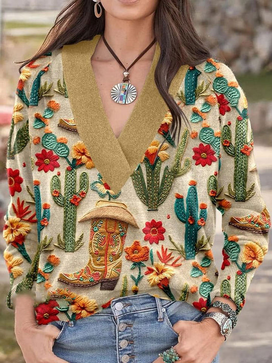 Western Print Knit V-neck Pullover Sweater