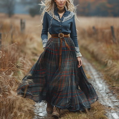 Women's Retro Plaid V-neck Long-sleeved Long Skirt Pastoral Style Dress