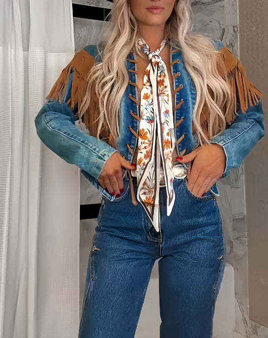 Western  lapel blazer fringed denim jacket