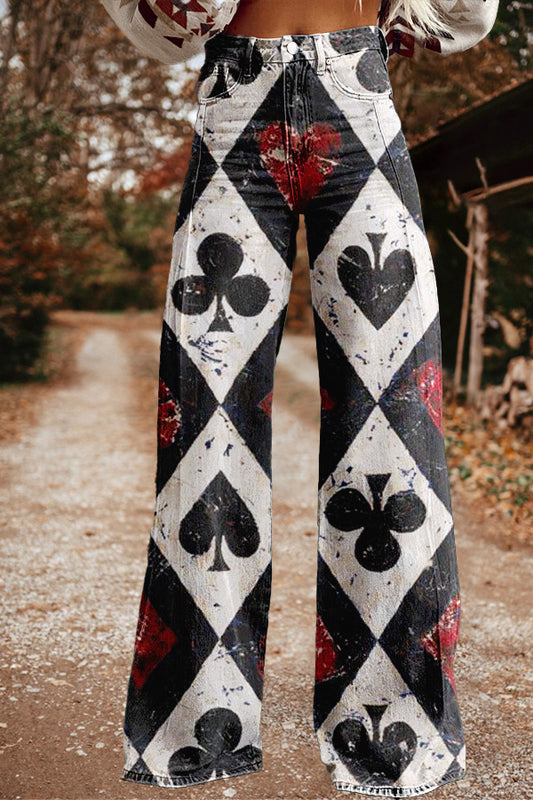 Retro Western Heart Poker Print Wide Leg Pants