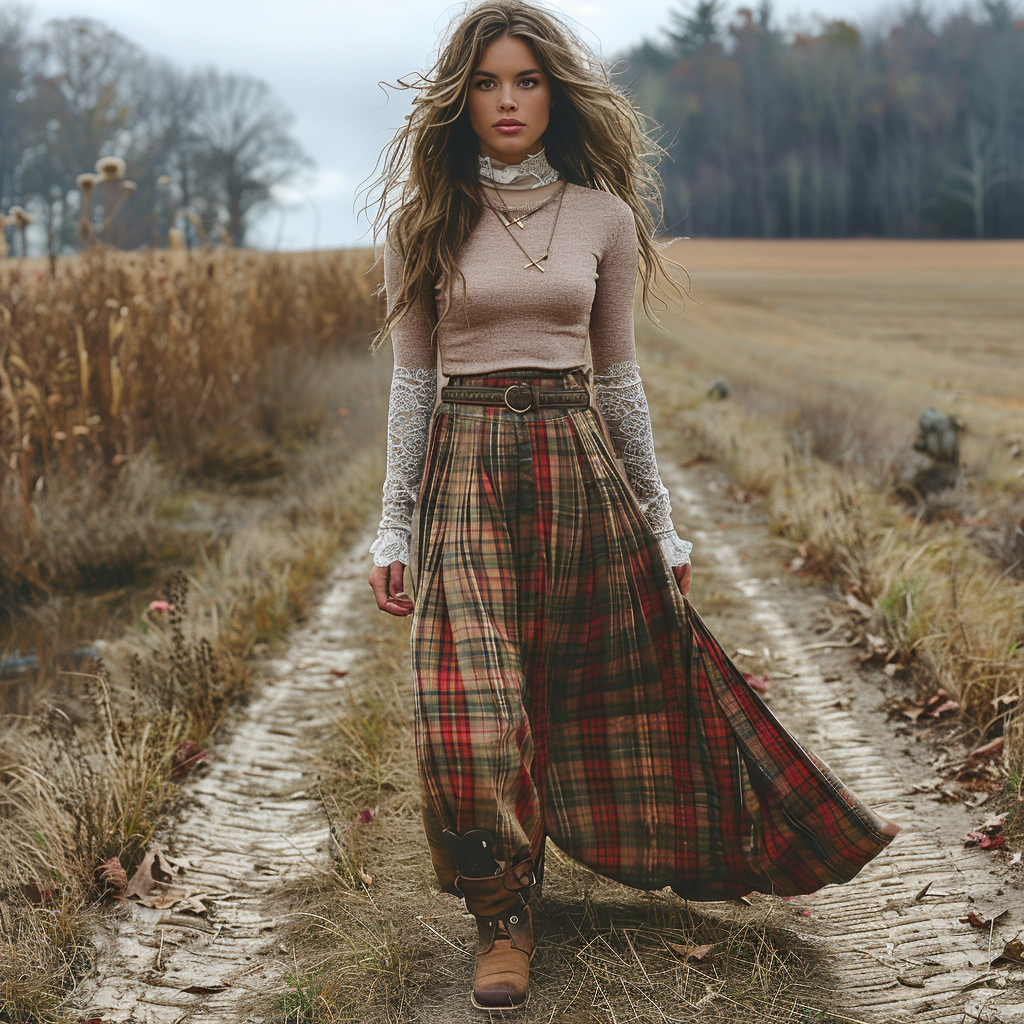 Women's Retro High Neck Long Sleeve Long Skirt Plaid Pastoral Style Dress