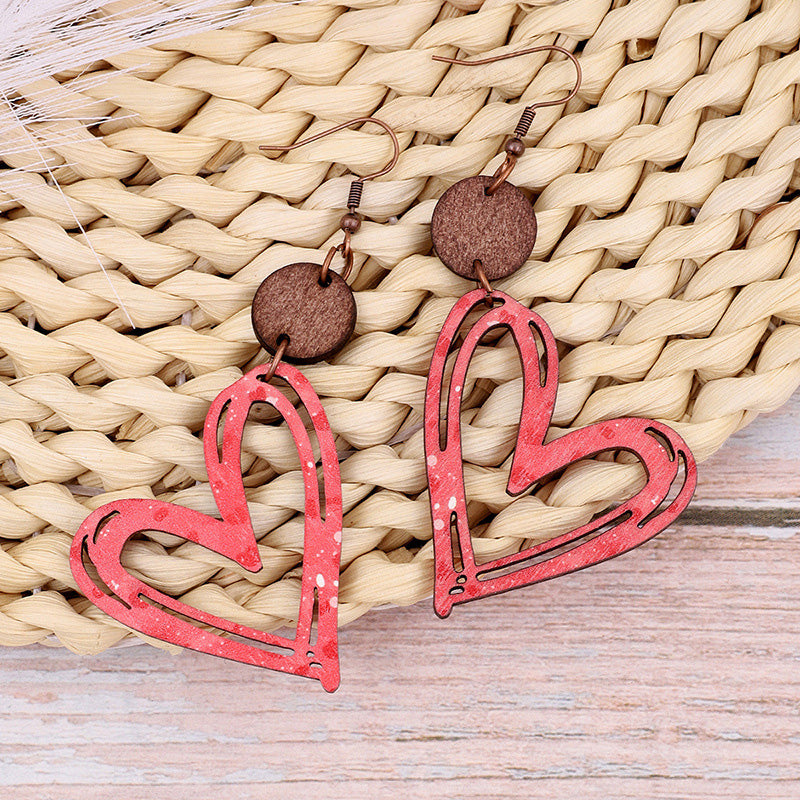 Valentine's Day Heart Hollow Wooden Earrings