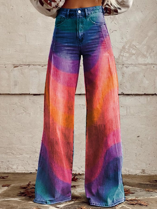 Women's Retro Gradient Color Block Wide Leg Pants