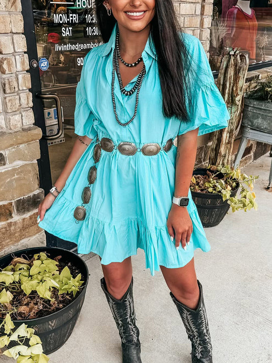 Blue V-neck Print Shirt Dress