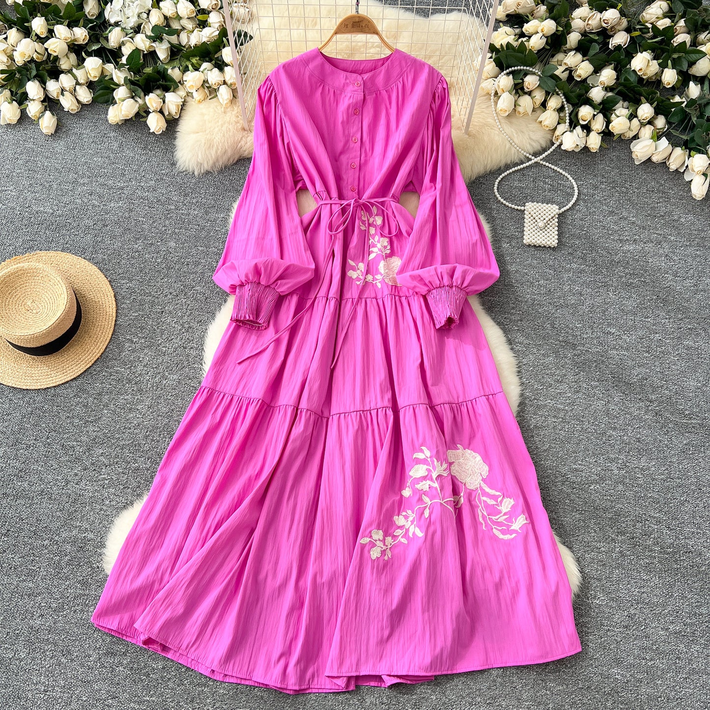 Waist-slimming Single-breasted Temperament Rose Embroidery Long Dresses