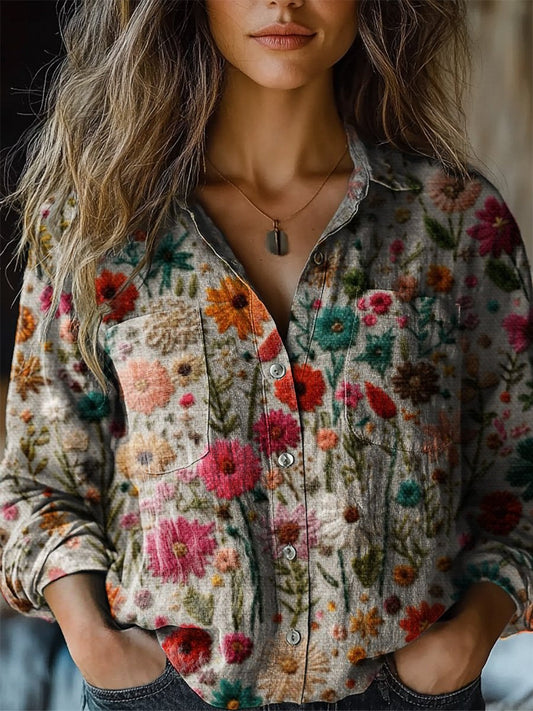 Vibrant Embroidery Floral Art Printed Women's Casual Long Sleeve Comfortable Cotton Shirt