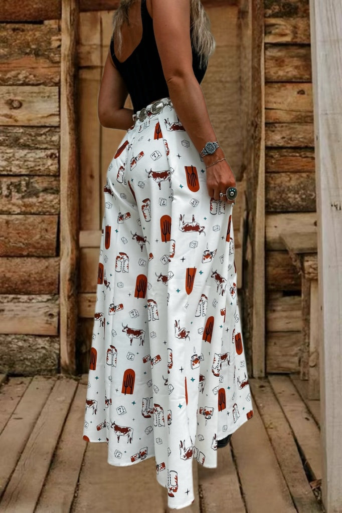 Retro White Western Print Wide-Leg High-Waisted Pants