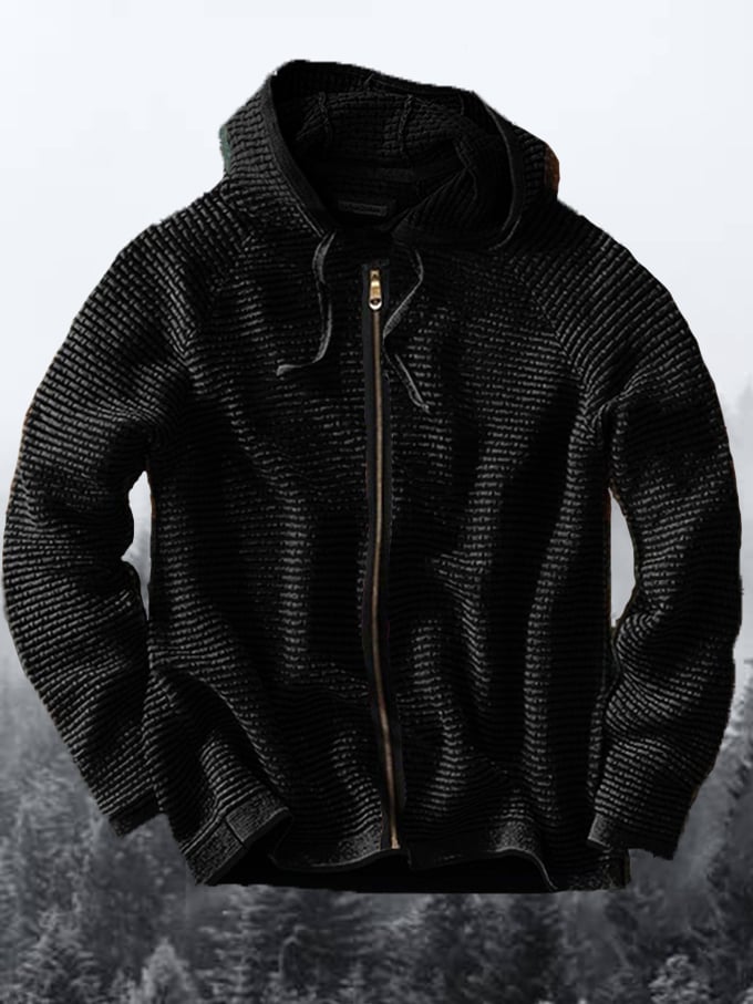 Men's Solid Color Waffle Zipper Hooded Jacket