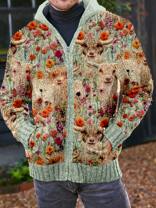 Men's Highland Cow With Flowers Embroidery Cozy Hooded Cardigan