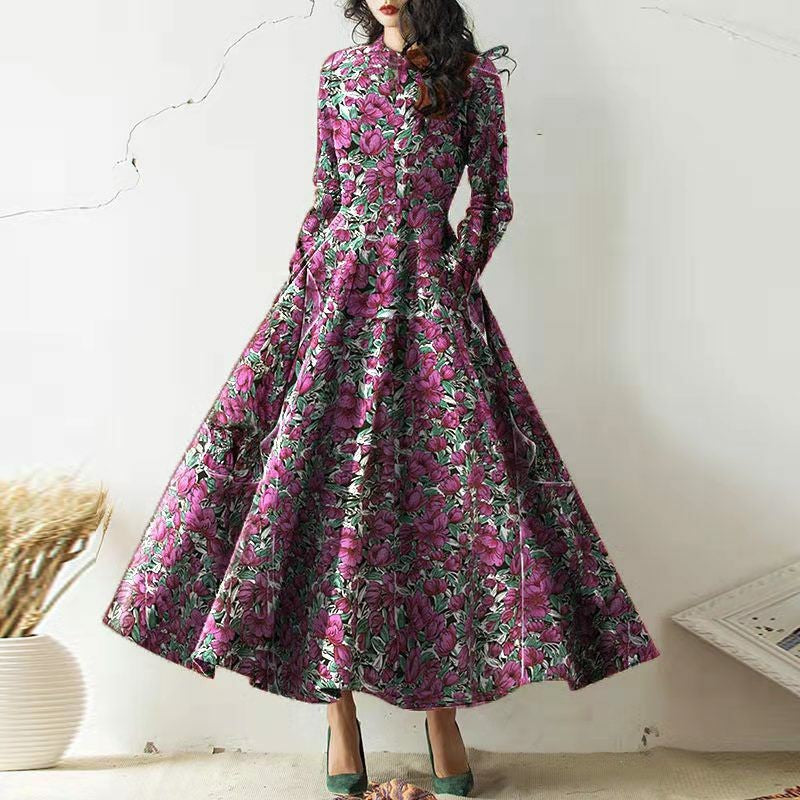 Long Sleeve Round Neck Pocket Print Temperament Long Dress