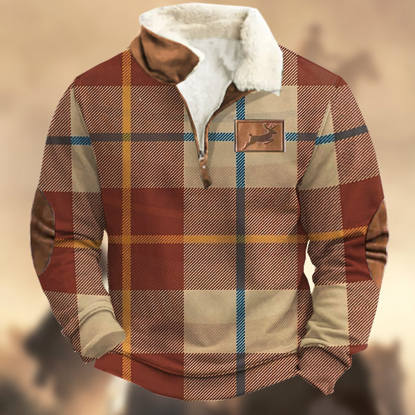 Men's Retro Check Print Elk Logo Zipper Fur Collar Sweatshirt