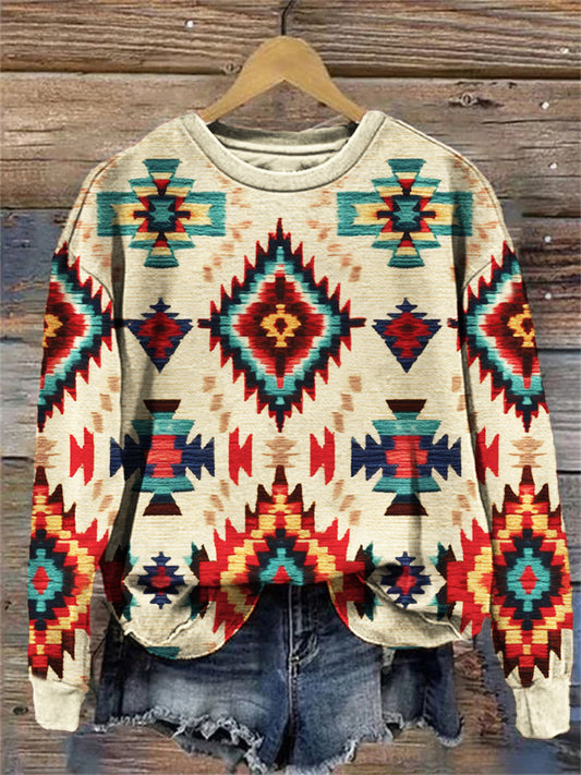 Ethnic Knit Floral Western Print Casual Sweatshirt