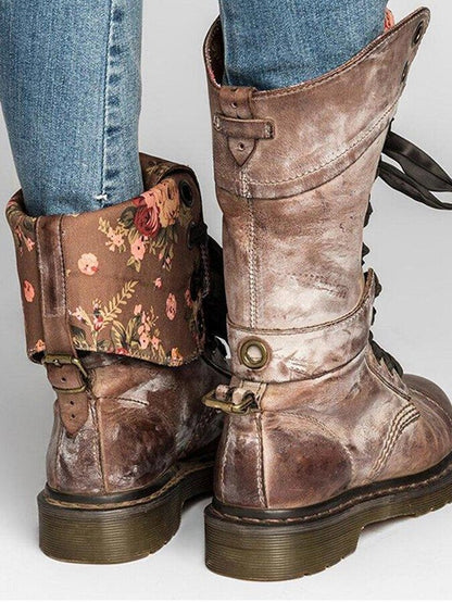 Women's retro floral thick heel Martin boots