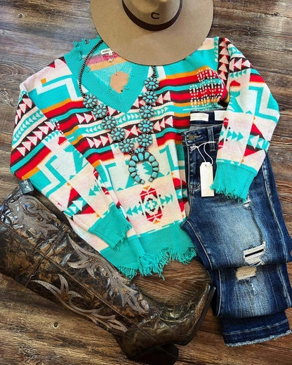 Special fringe hem Aztec print sweatshirt