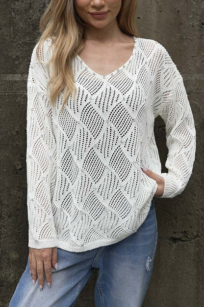 Women's Cutout Diamond V-Neck Long Sleeve Sweater